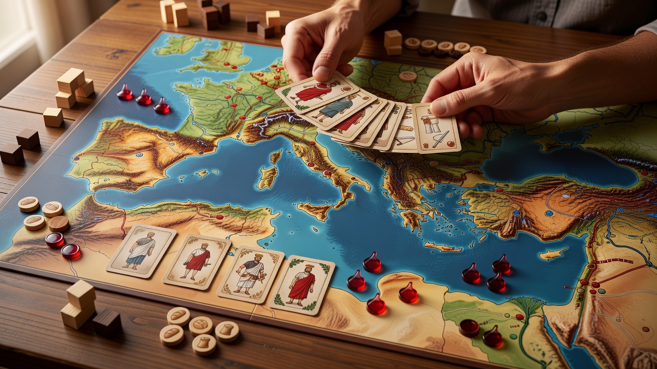 Two adults fanning out Roman personality cards over the Mediterranean map of Concordia, with wooden brick, food, and wine tokens arranged nearby.