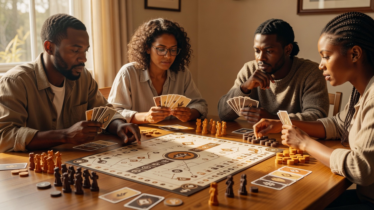 Adults comparing intrigue cards and wooden conflict troops around a Dune: Imperium board in warm natural window light.