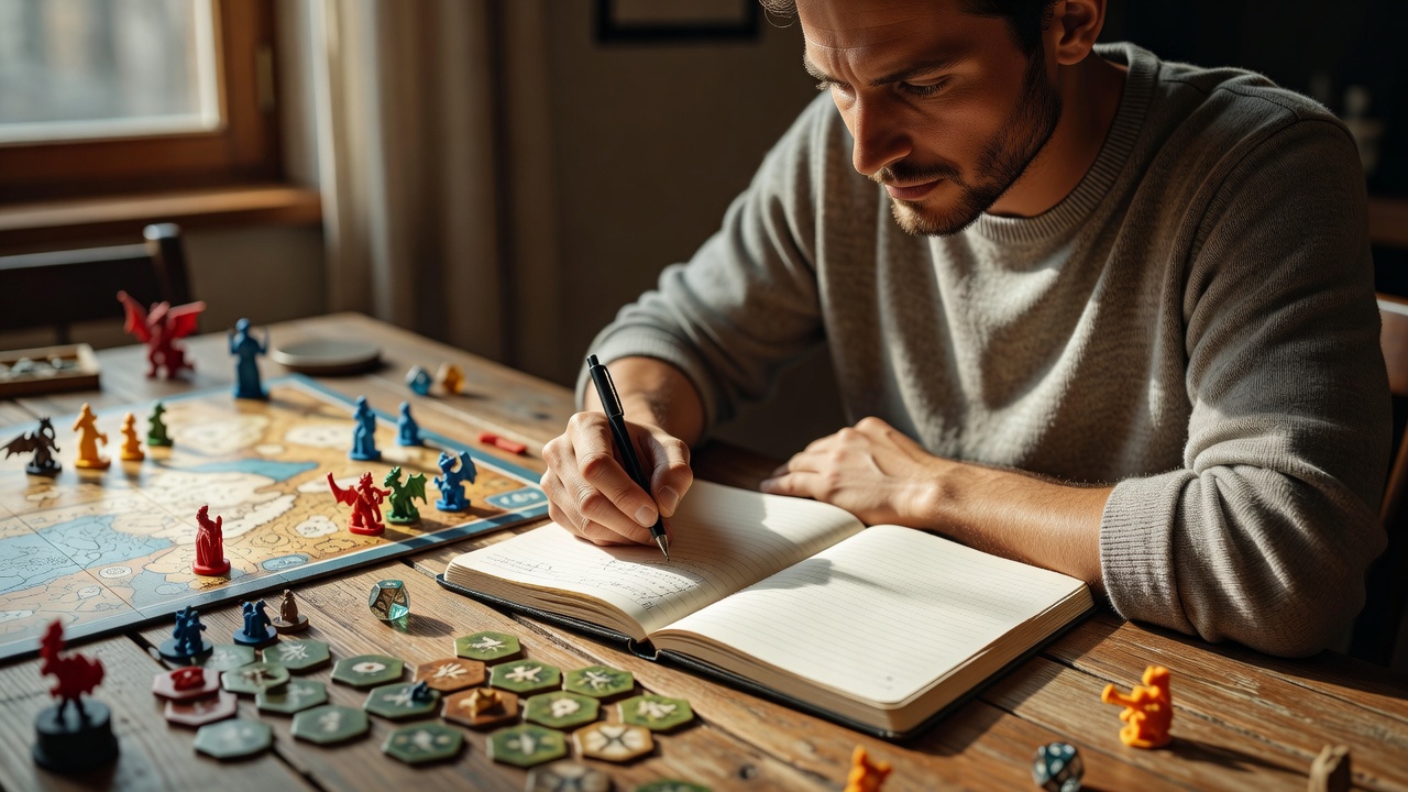 An adult player jotting down session notes and turn timing in a paper notebook beside a board game setup in natural afternoon light.
