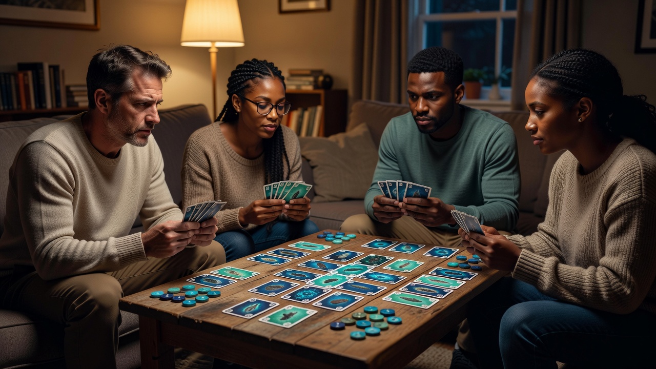 Four adults holding cards around a small coffee table playing The Crew: Mission Deep Sea, with sonar communication tokens placed in front of laid cards.