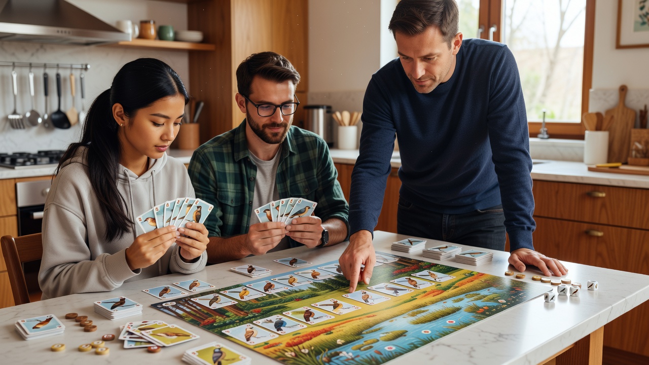 An adult host pointing to the forest, grassland, and wetland rows of a Wingspan player mat while two friends hold bird cards in a bright kitchen.